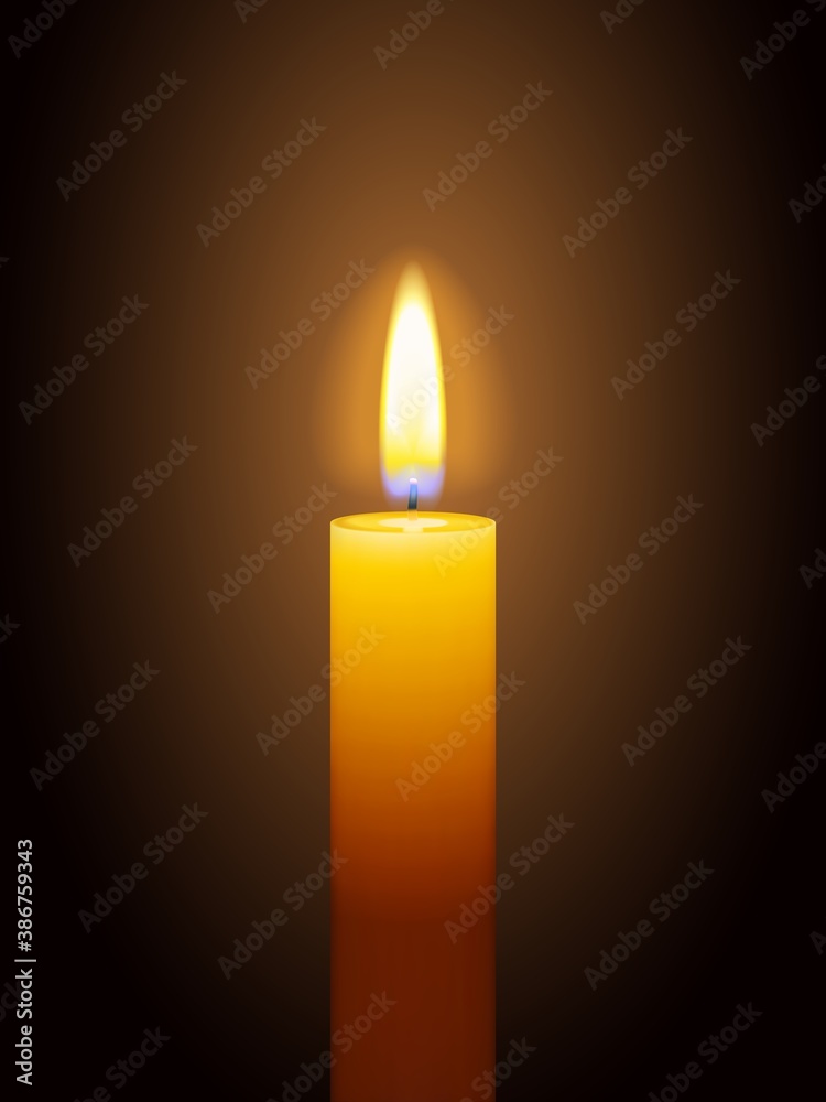 Realistic burning yellow candle on dark background Realistic burning yellow candle on dark background