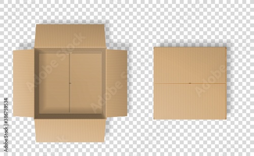 Realistic cardboard box set, opened and closed top view © paketesama