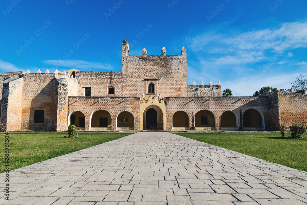 Stone path to the facade of the Convent de San Bernardino de Siena in Valladolid, Yucatan, Mexico