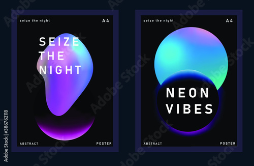 Set of minimal posters with abstract composition of glowing neon planets. Synthwave and vaporwave style covers for music or dance event.