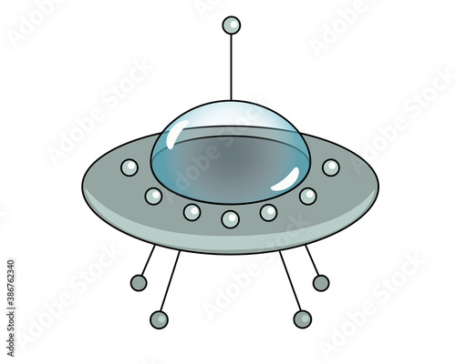 Flying saucer - UFO has landed and stands - vector full color illustration.  Alien spaceship stylized childish drawing.