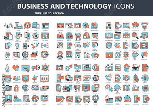 Set vector icons with elements for mobile concepts and web apps. Business and marketing, programming, data management, internet connection, social network, computing, information. Vector