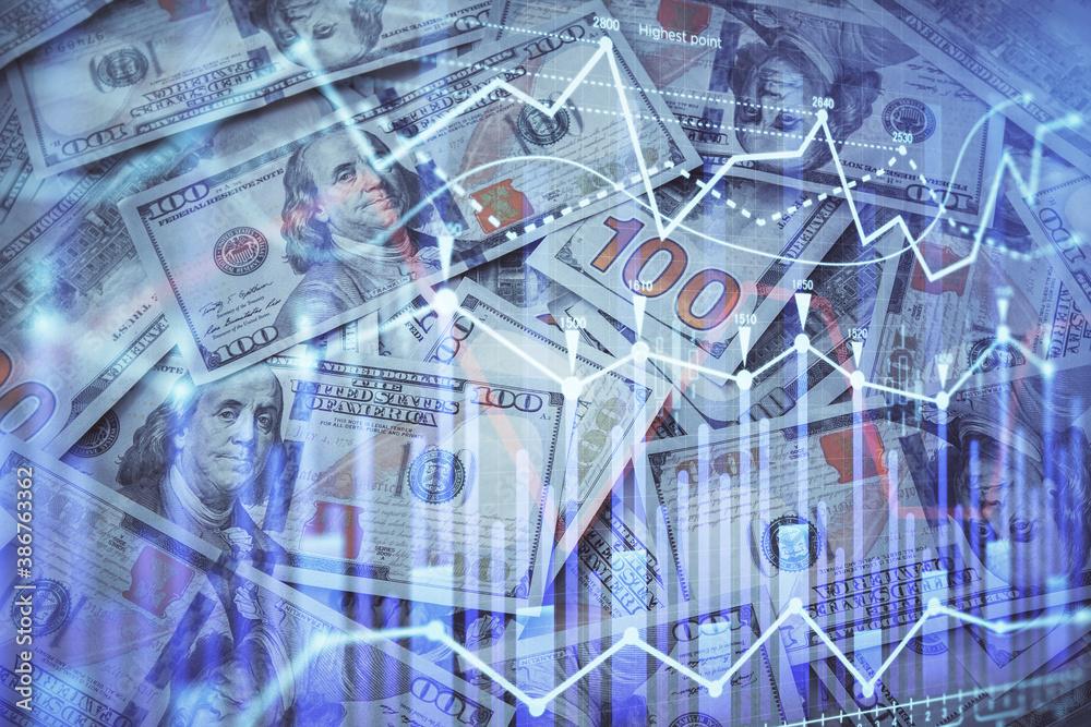 Double exposure of forex graph drawing over us dollars bill background. Concept of financial markets. Double exposure of forex graph drawing over us dollars bill background. Concept of financial markets.