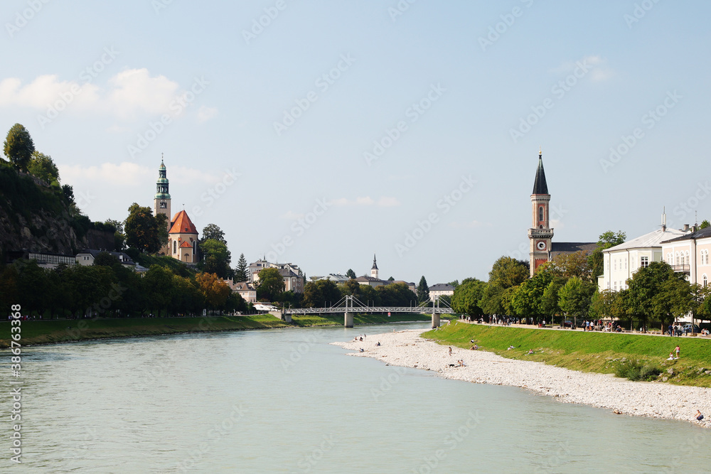 Embankment of the Salzach river  in Salzburg, Austria