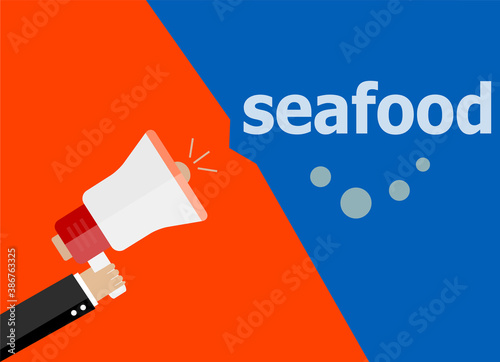 flat design business concept. Seafood. digital marketing business man holding megaphone for website and promotion banners.