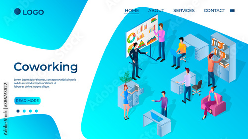Coworking.A team of businessmen analyzes the data obtained.The concept of teamwork and data accounting.The business and financing of the projectors.Isometric vector illustration.Landing page template