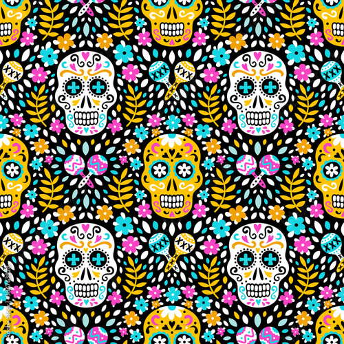 South american Day of the Dead background of ethnic sugar skulls, marigold flowers and traditional mexican maracas musical instruments for fabric prints, wallpapers. EPS 10 vector seamless pattern.