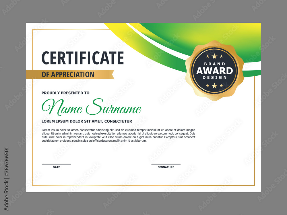 Fototapeta premium Abstract Smooth Certificate with Green Natural Curvy Element Design, Professional, Modern, Elegant Certificate with Golden Badge Template Vector