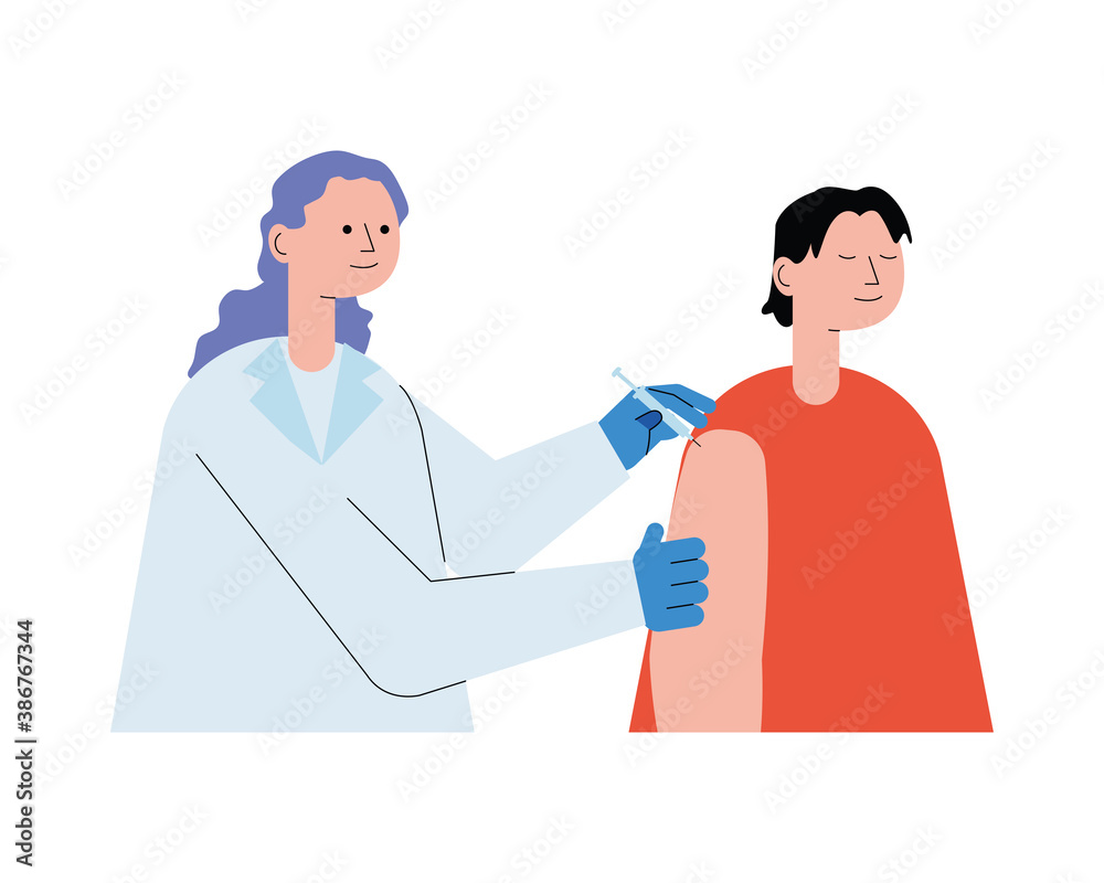 Fototapeta premium scientific female doctor injectin patient search vaccine character