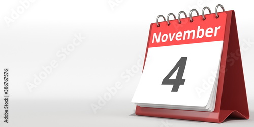 November 4 date on the flip calendar page, 3d rendering