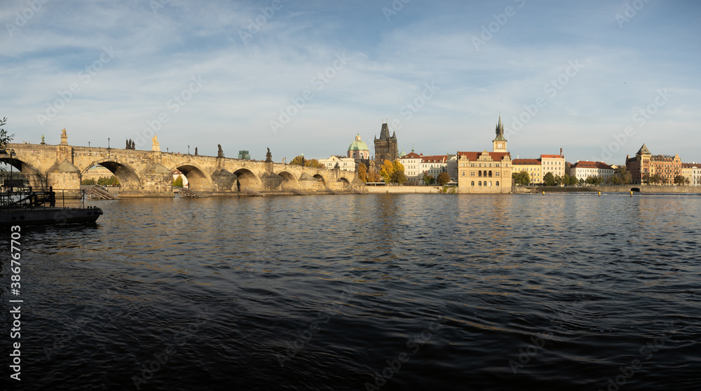 panoramic view of Charles Bridge and the Vltava River. stone bridges on the river in the city. in the center of the old town of Prague in the Czech Republic
