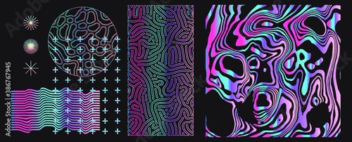 Glowing neon holographic grid, glitched wavy surface. Abstract science and technology background.