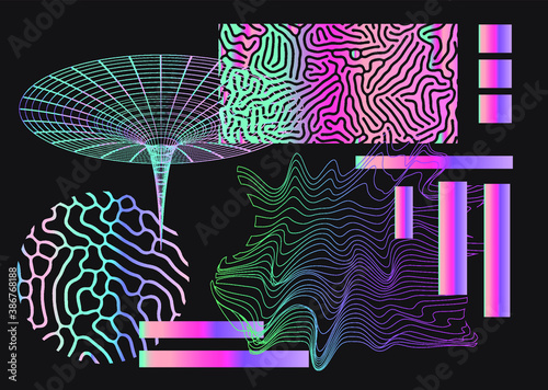 Set of universal holographic geometric elements and icons for futuristic minimal design. Abstract shapes and forms on dark background.