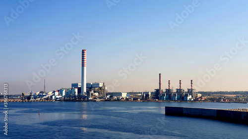 View of a large industry and its industrial smokestacks