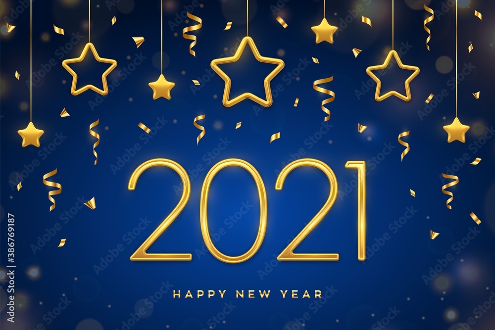 Fototapeta premium Happy New 2021 Year. Golden metallic numbers 2021 with shimmering hanging golden stars on blue background. New Year greeting card, cover or banner template. Holiday decoration. Vector illustration.