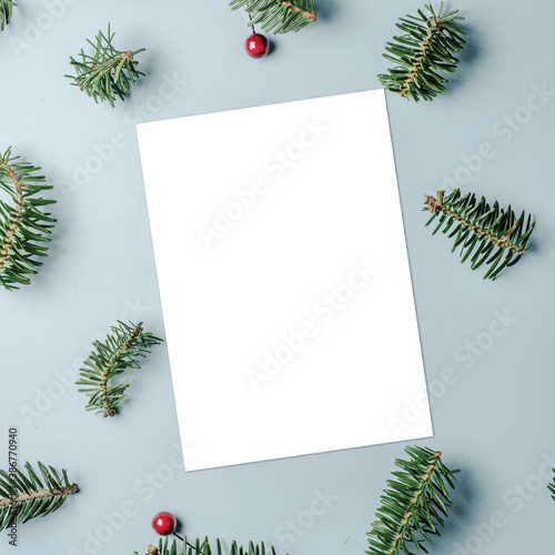 Blank card with fir tree branches red berries and star confetti on blue background