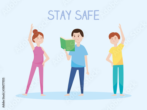 stay safe, people reading a book, practicing exercises during covid 19 quarantine