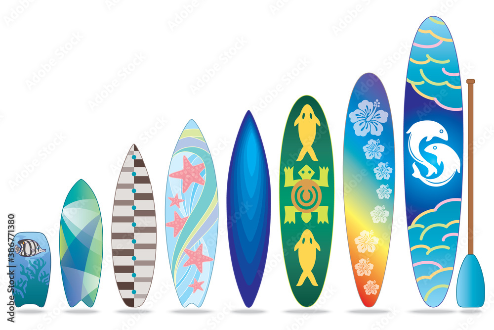 variety of surfboards standing isolated on a white background with shadows variety of surfboards standing isolated on a white background with shadows