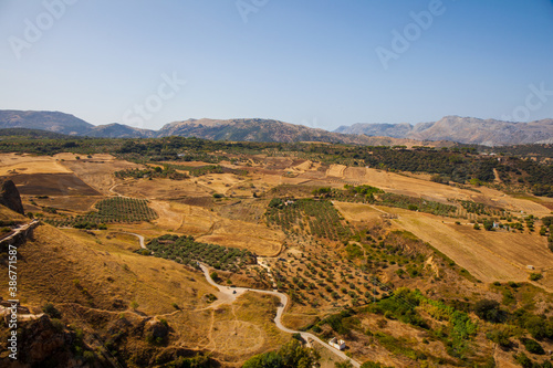 Andalusia landscape, countryside road and rock in Ronda, Andalusia, Spain.