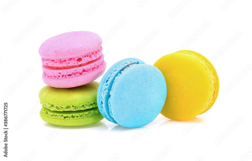 Sweet and colourful french macaroons or macaron on white background