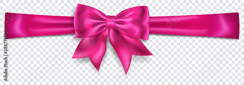 Beautiful pink bow with horizontal ribbon with shadow on transparent background. Transparency only in vector format