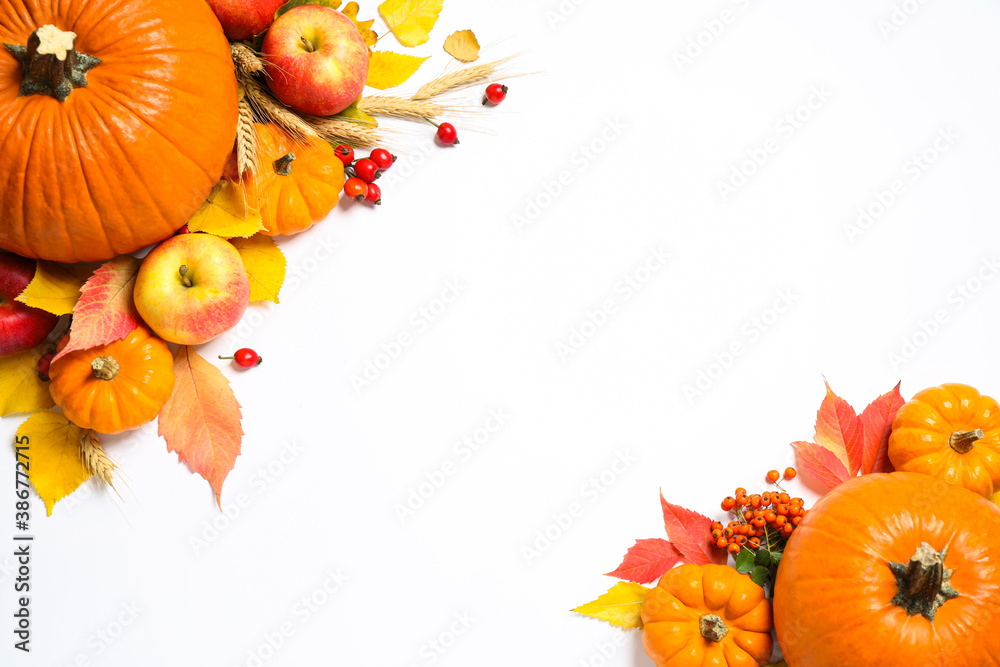 Fototapeta premium Frame of ripe pumpkins and autumn leaves on white background, flat lay with space for text. Happy Thanksgiving day
