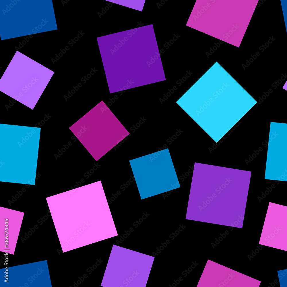 Square color background. Purple, pink and blue squares of different shapes on a black background Square color background. Purple, pink and blue squares of different shapes on a black background