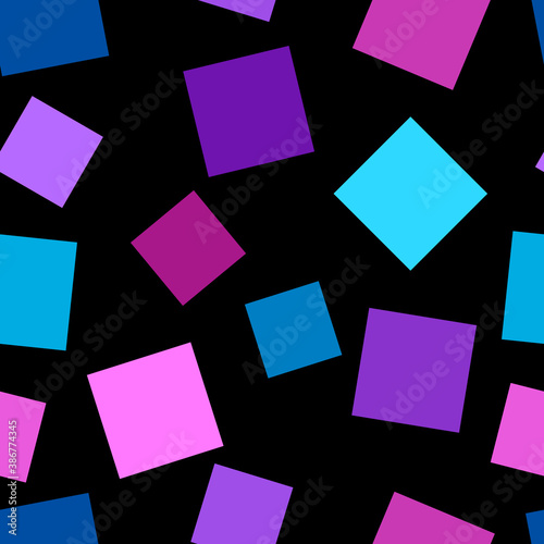 Square color background. Purple, pink and blue squares of different shapes on a black background