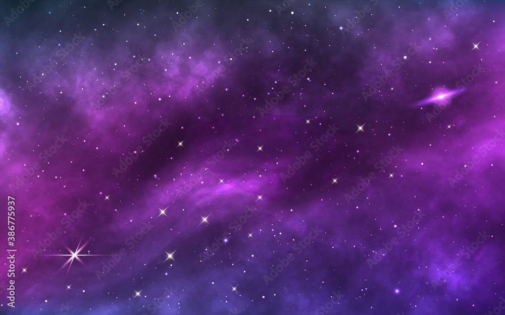 Space background. Realistic cosmos texture with shining stars and nebula. Colorful galaxy with bright stardust. Color milky way. Magic starry wallpaper. Vector illustration