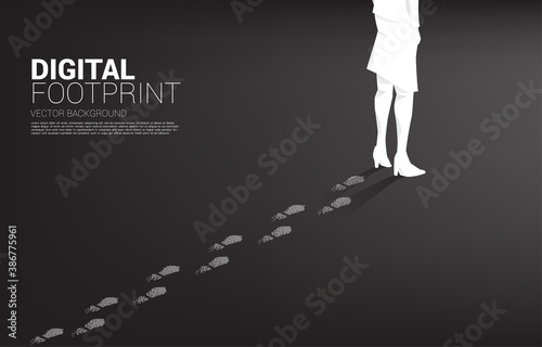 Businesswoman with Footprint from digital dot pixel. business concept of digital transformation and digital footprint.
