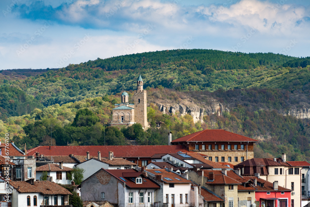 A cityscape from the town of Veliko Tarnovo, the capital of the medieval Second Bulgarian Kingdom.