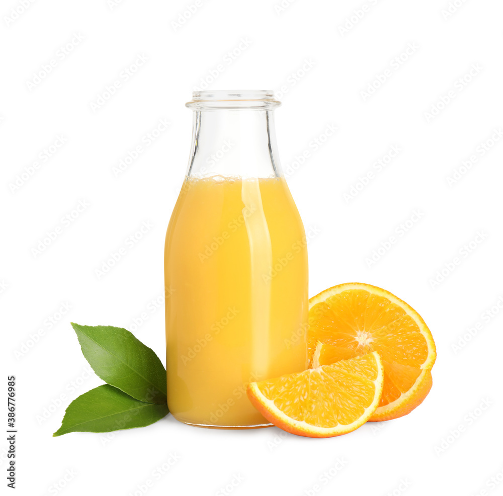 Tasty orange juice in glass bottle, fresh fruit and green leaves isolated on white Tasty orange juice in glass bottle, fresh fruit and green leaves isolated on white