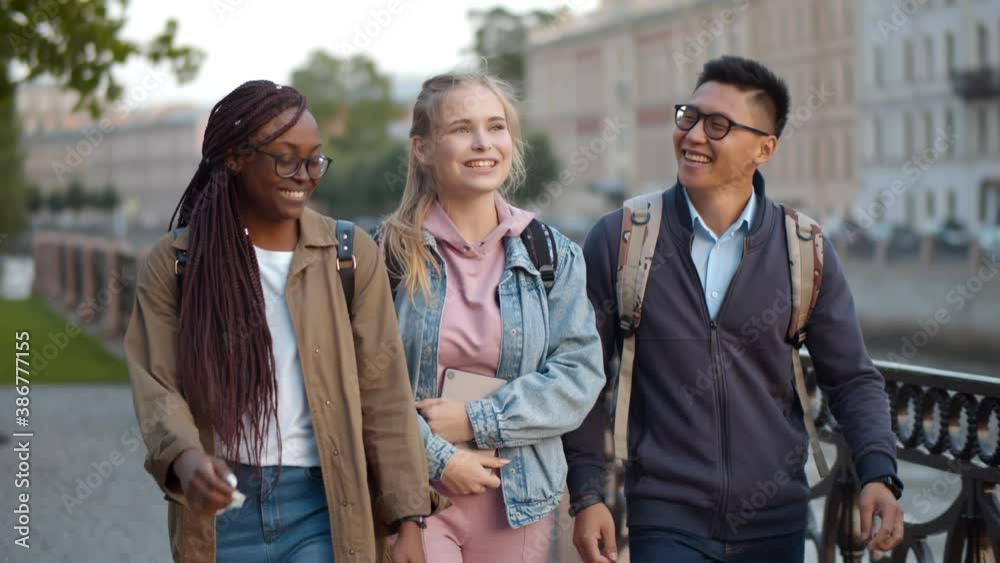 Diverse happy students walking outdoors and chatting during break