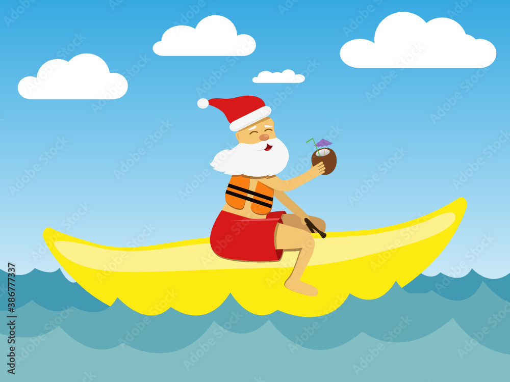Santa claus with cocktail, riding on a banana boat. Vector illustration. Santa claus with cocktail, riding on a banana boat. Vector illustration.