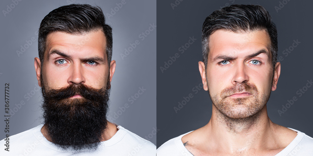 Bearded man with beard and mustache in barbershop. Shaved vs unshaven Barber hair salon. - obrazy, fototapety, plakaty 