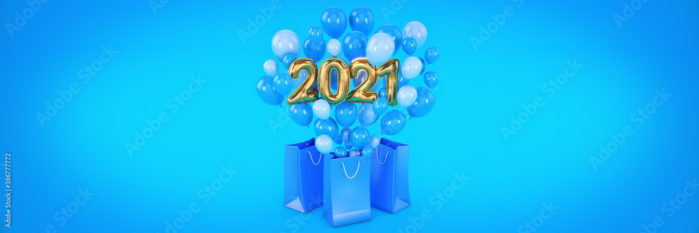 Naklejka premium bag and balloons, numbers for Happy New Year 2021. 3d rendering
