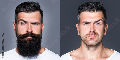 Bearded man with beard and mustache in barbershop. Shaved vs unshaven Barber hair salon. photo