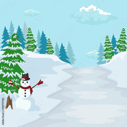 Christmas landscape with Christmas tree and snowman © Mimosastudio