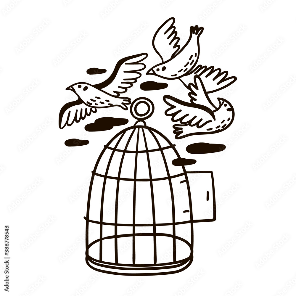 Illustration of a birds flying out of the cage. Black and white hand drawn image. Illustration of a birds flying out of the cage. Black and white hand drawn image.