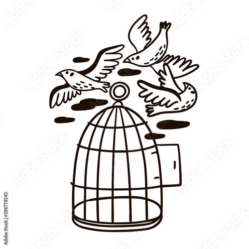 Illustration of a birds flying out of the cage. Black and white hand drawn image.