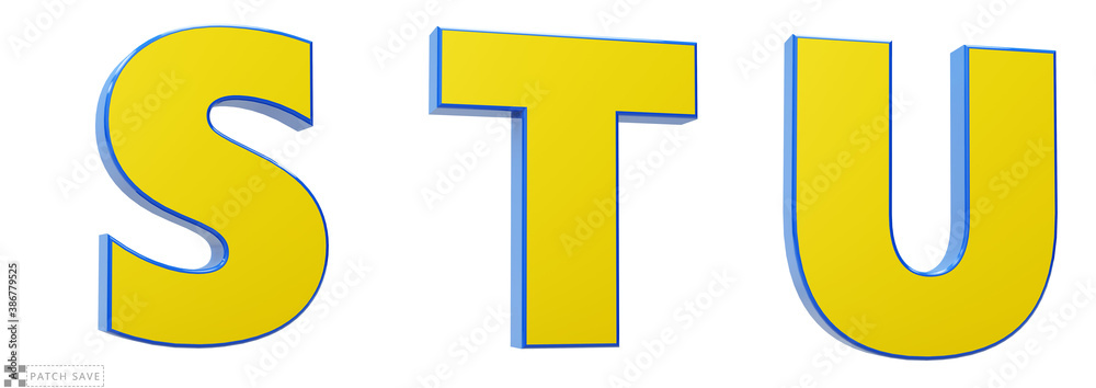 Font story, letters S, T, U, 3d render glosy yellow and blue. Path save. Font story, letters S, T, U, 3d render glosy yellow and blue. Path save.
