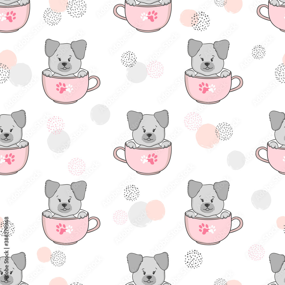 Seamless pattern with cute puppy in cup. Vector dog illustration for kids Seamless pattern with cute puppy in cup. Vector dog illustration for kids