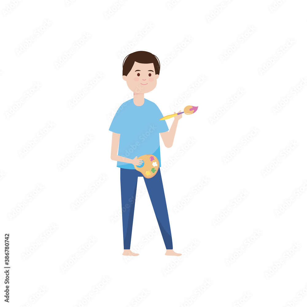 young man holding paint brush and palette color young man holding paint brush and palette color