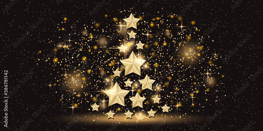 Christmas and New Year vector black background with stars and tree