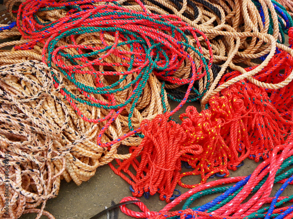 Halters and bridles, ropes in blue and red colors for sale at livestock market in Cuenca, Ecuador.
