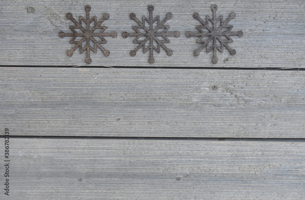 Three Rustic Snowflakes on Wood Texture Background Framed Copy Space Traditional Farmhouse Chic Style Backdrop Trendy Flay Lay Design for Winter and Christmas Ads, Greeting Cards, Banners Three Rustic Snowflakes on Wood Texture Background Framed Copy Space Traditional Farmhouse Chic Style Backdrop Trendy Flay Lay Design for Winter and Christmas Ads, Greeting Cards, Banners