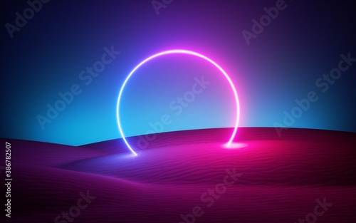 3d render, abstract modern minimal neon background. Glowing round frame with copy space, laser ring in the middle of the empty desert. Futuristic landscape