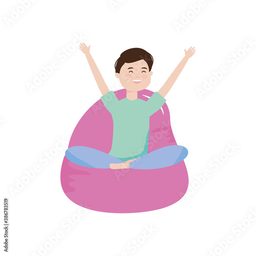 young man sitting on bean chair happy character
