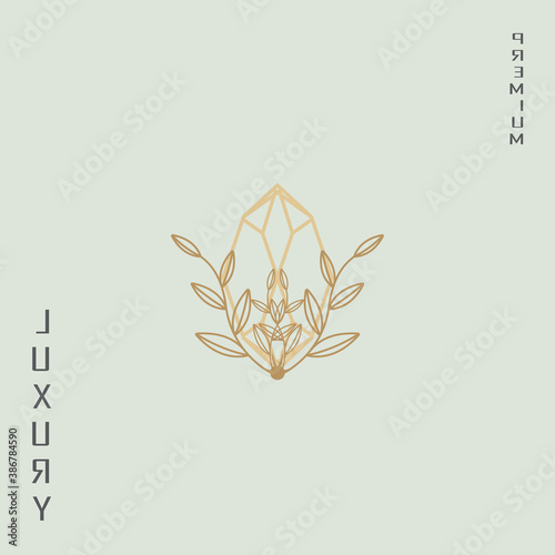 A luxurious logo inspired by diamond geometric lines and paired with natural foliage, logo perfume, spa, beauty, salon 