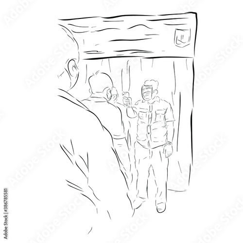 Simple Vector Hand Draw Sketch, Queues People, Body Temperature Check Before Entering Desinfectant Chamber, health protocols during a pandemic Covid-19
